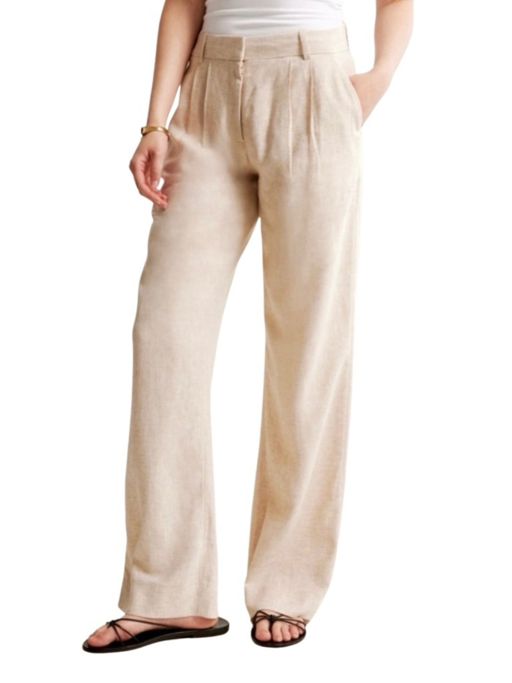 A&F Sloane Linen-Blend Tailored Wide Leg Pant in Oatmeal, Size 25 Long (0L)
